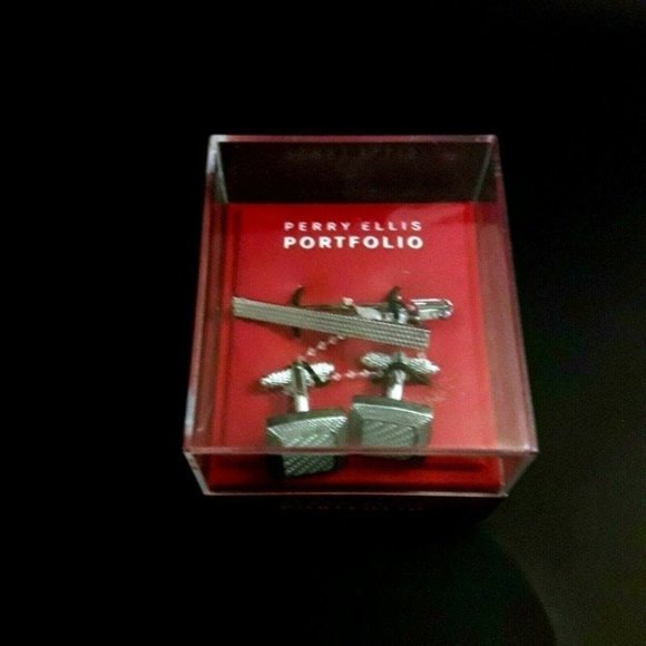 New Perry Ellis Men's Set Silver Cuff-links & Clip - Picture 3 of 8